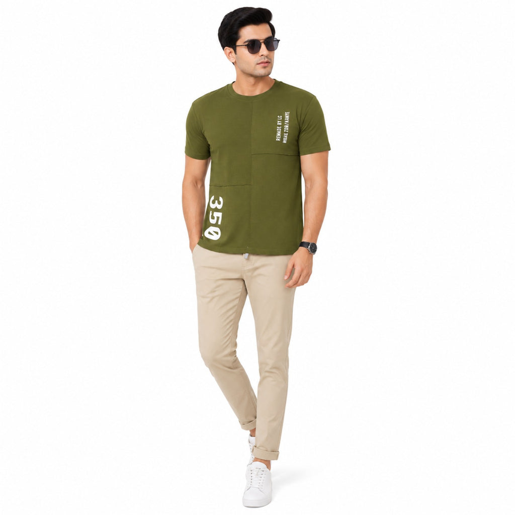 Men's Olive Green Typography Printed Slim Fit T-Shirt-2