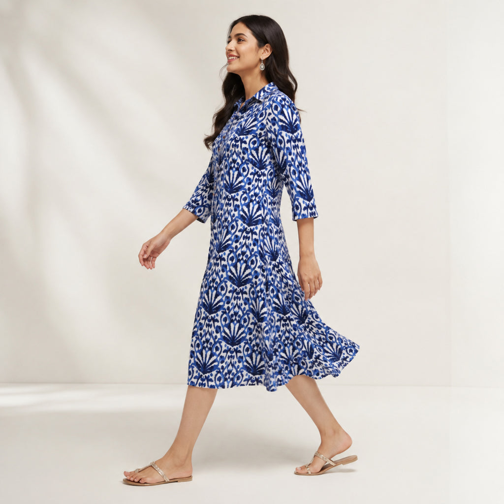Women's Blue Ethnic Printed Flared Midi Dress-2