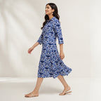 Women's Blue Ethnic Printed Flared Midi Dress-2