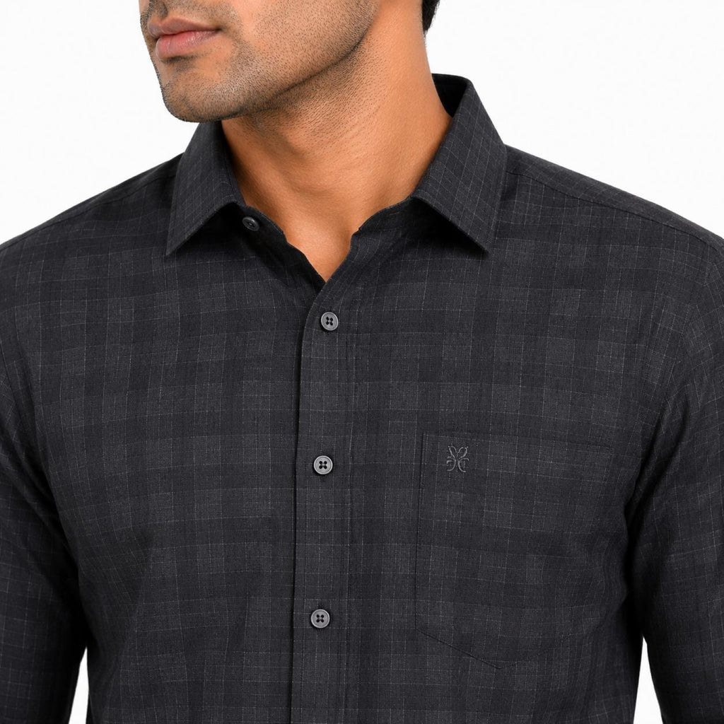 Men's Grey Textured Check Full Sleeve Shirt with Chest Pocket-2