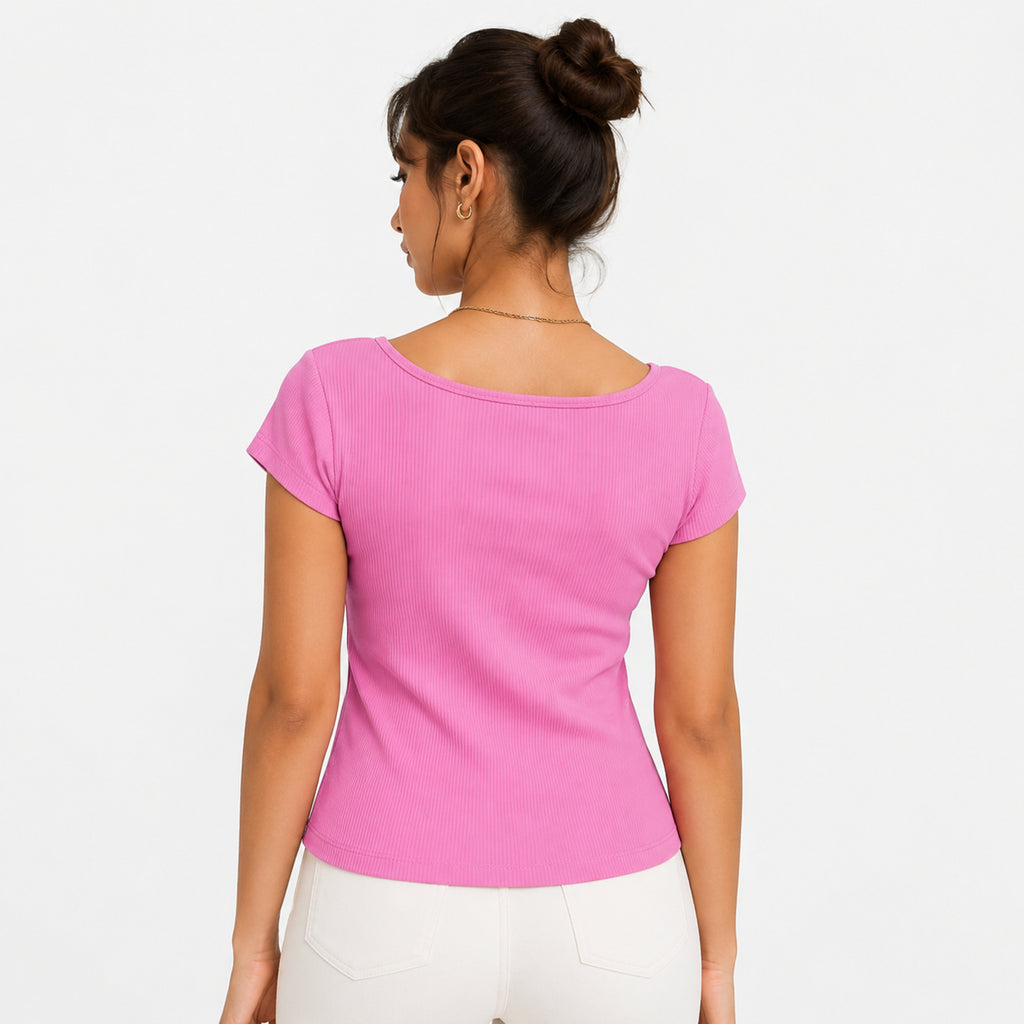Women's Blush Aura Hot Pink Ribbed Sweetheart Neck Top-4