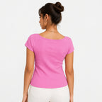 Women's Blush Aura Hot Pink Ribbed Sweetheart Neck Top-4