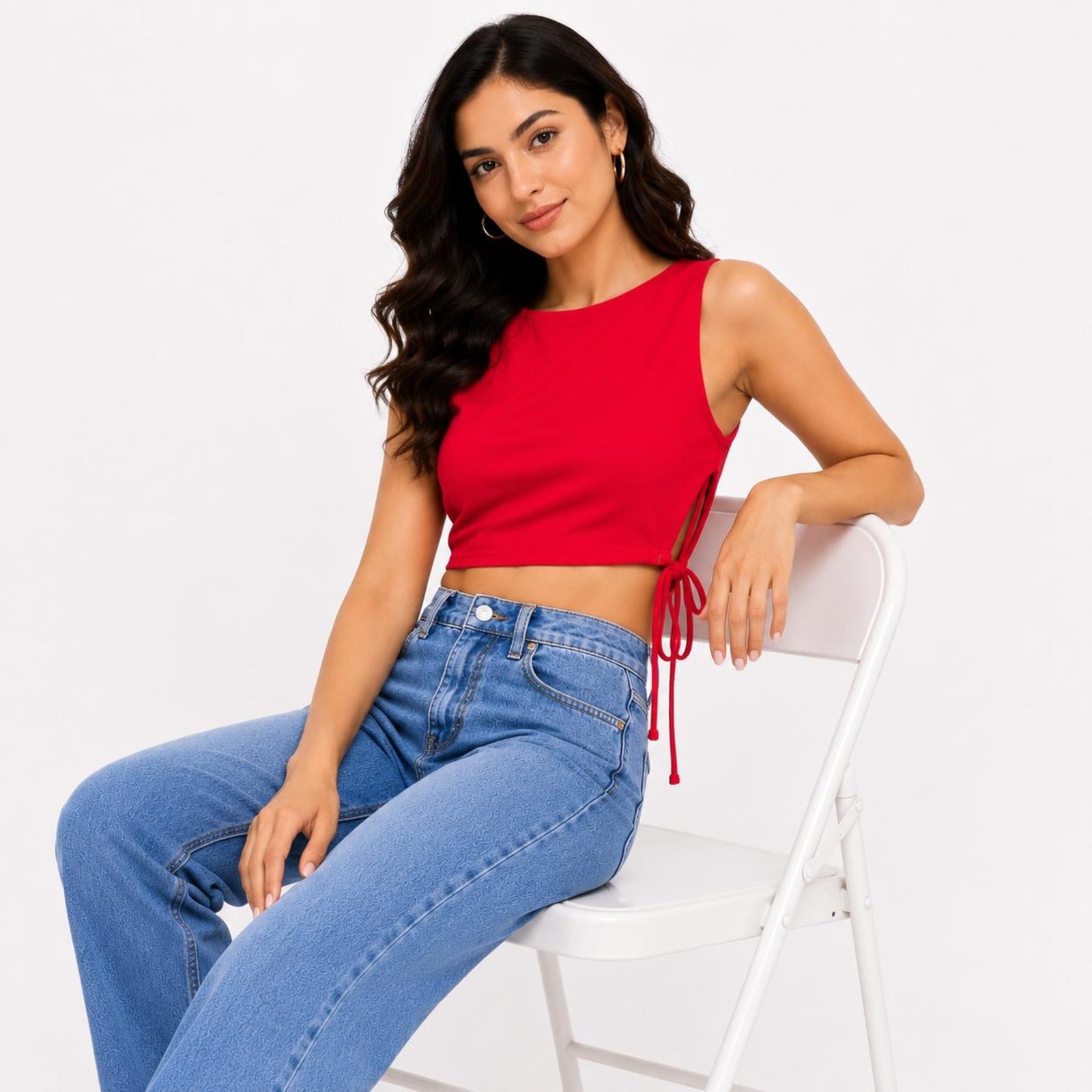 Women's Imperial Ruby Red Crew-Neck Tank Crop Top with Dual Side-Cinched Drawstrings-2