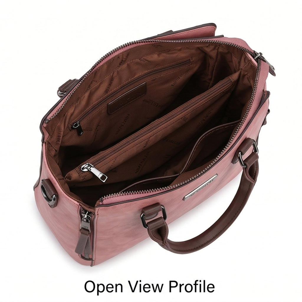 Women's Elegant Luxury Textured Pink Leather Satchel Handbag with Contrast Brown Handles-3