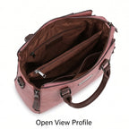 Women's Elegant Luxury Textured Pink Leather Satchel Handbag with Contrast Brown Handles-3