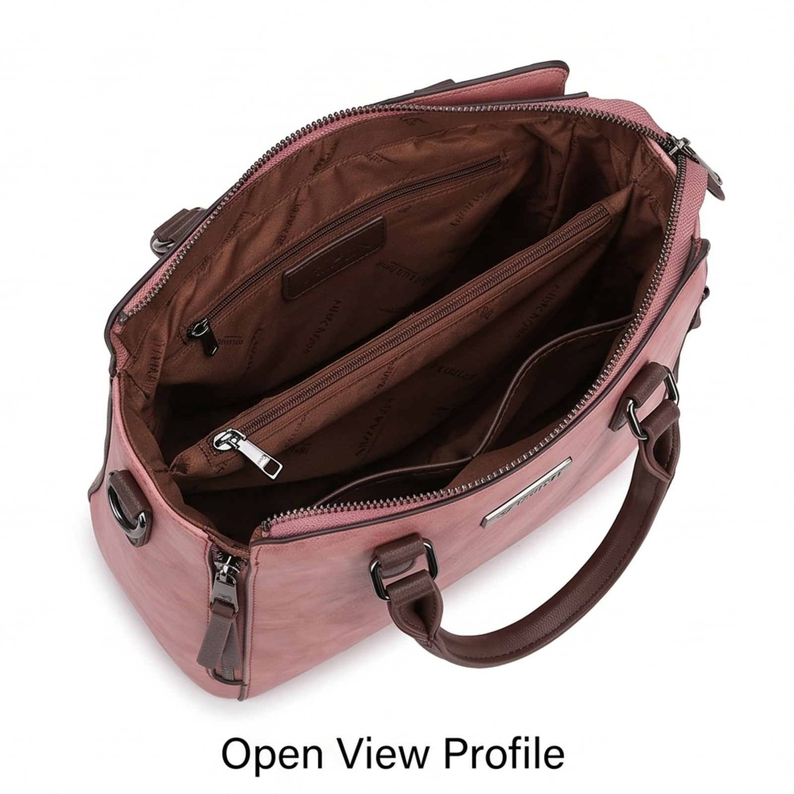 Women's Elegant Luxury Textured Pink Leather Satchel Handbag with Contrast Brown Handles-3