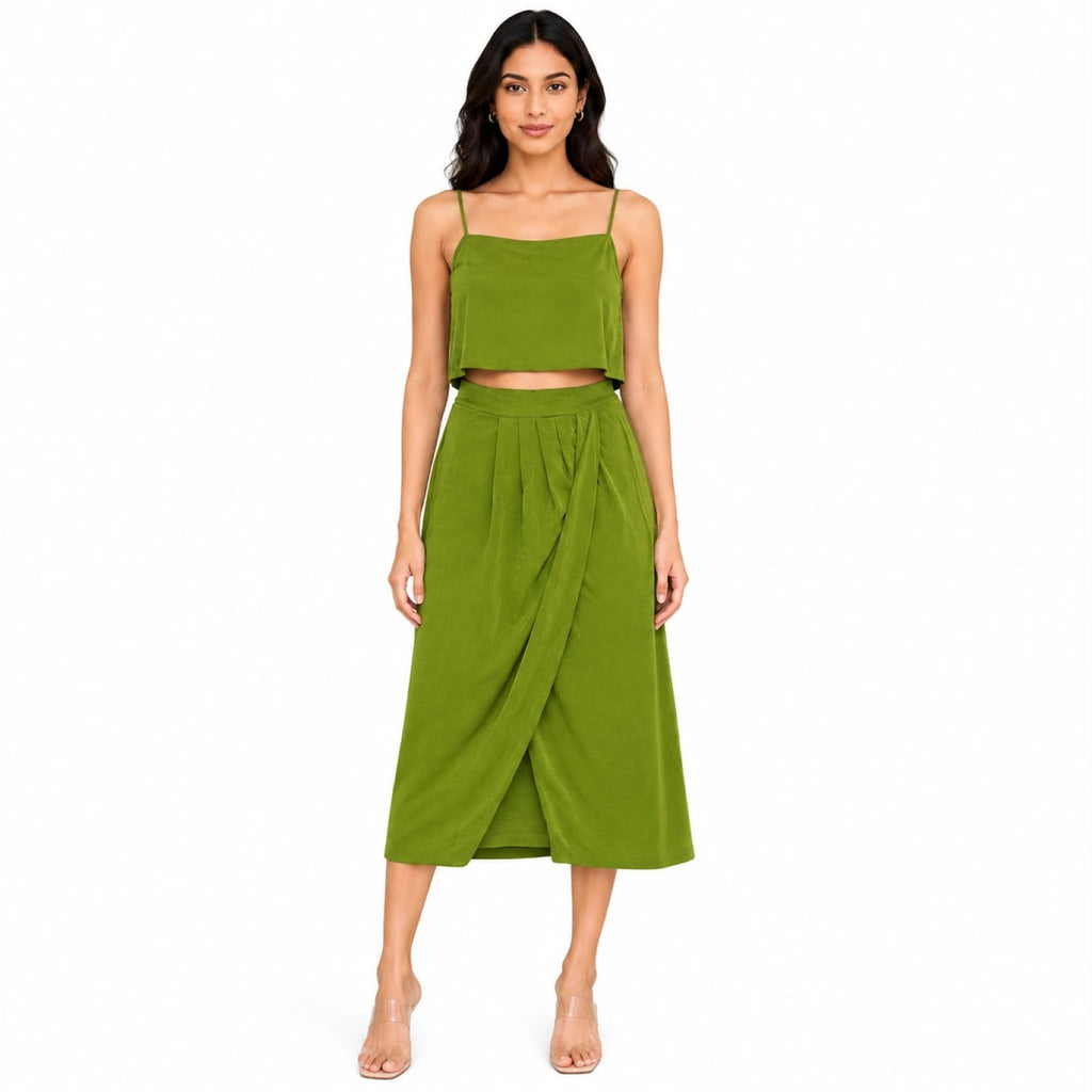 Women's Green Sleeveless Crop Top and Wrap Midi Skirt Co-Ord Set-1