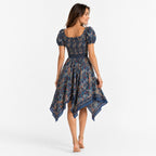 Women's Teal Paisley Smocked Handkerchief Hem Midi Dress | Puff Sleeve Boho Resort Dress-4