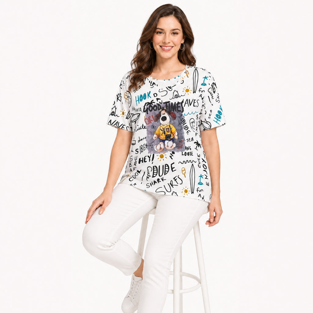 Women's White Graphic Printed Oversized T-Shirt | Casual Round Neck Half Sleeve Tee-2