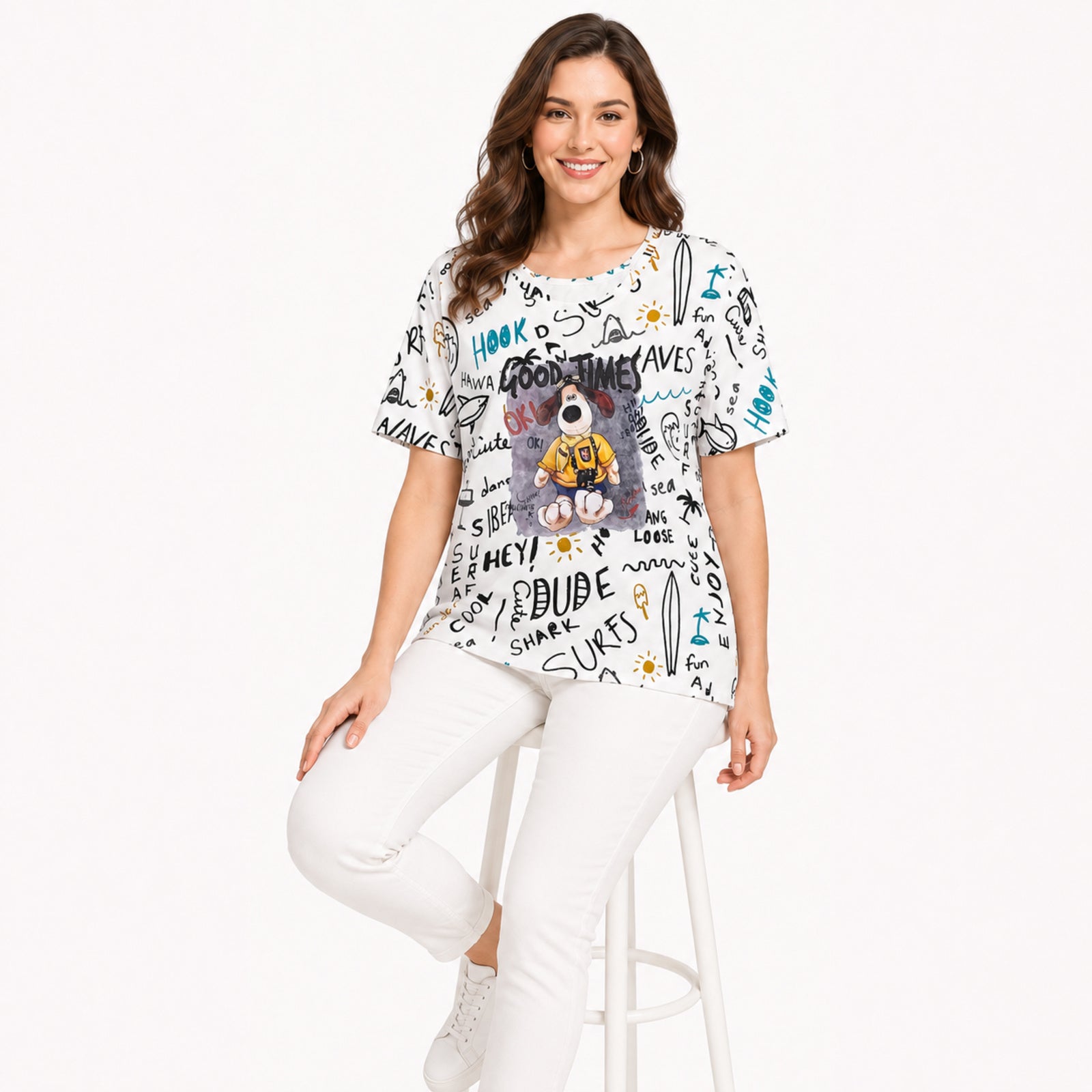 Women's White Graphic Printed Oversized T-Shirt | Casual Round Neck Half Sleeve Tee-2