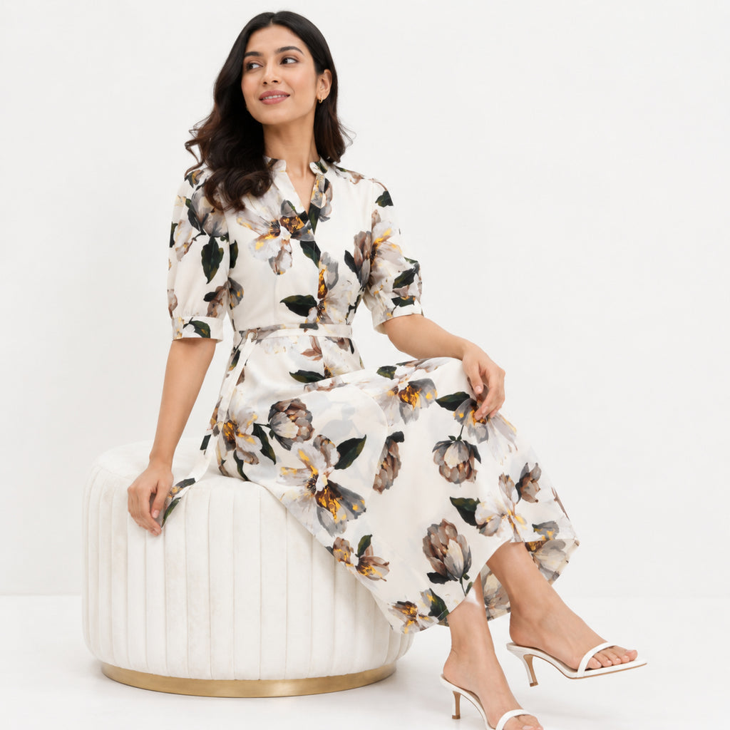 Women's Elegant Floral Print Midi Dress-3