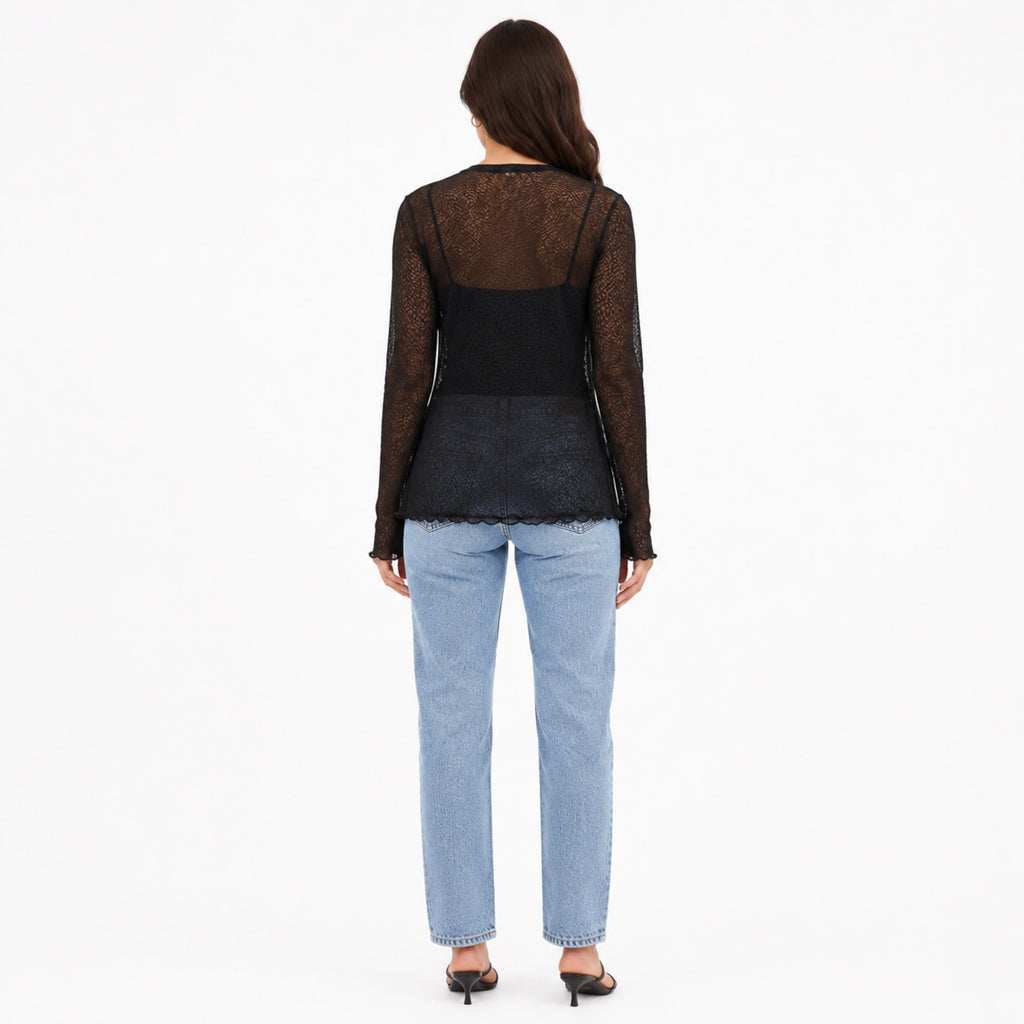 Women's Black Sheer Lace Front-Open Shrug with Scalloped Hem-4