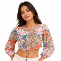 Women's Floral Print Ruffle Neck Crop Top with Tie-Up Detail-1