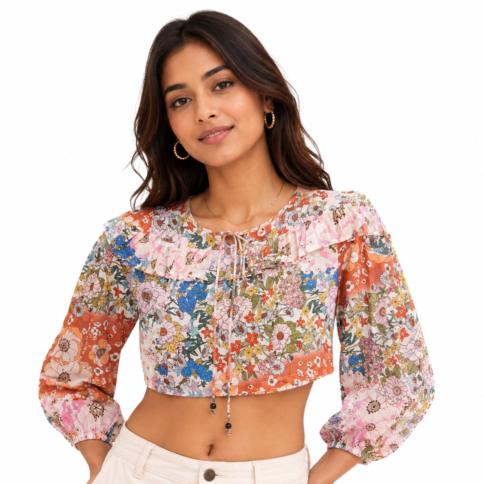 Women's Floral Print Ruffle Neck Crop Top with Tie-Up Detail-1