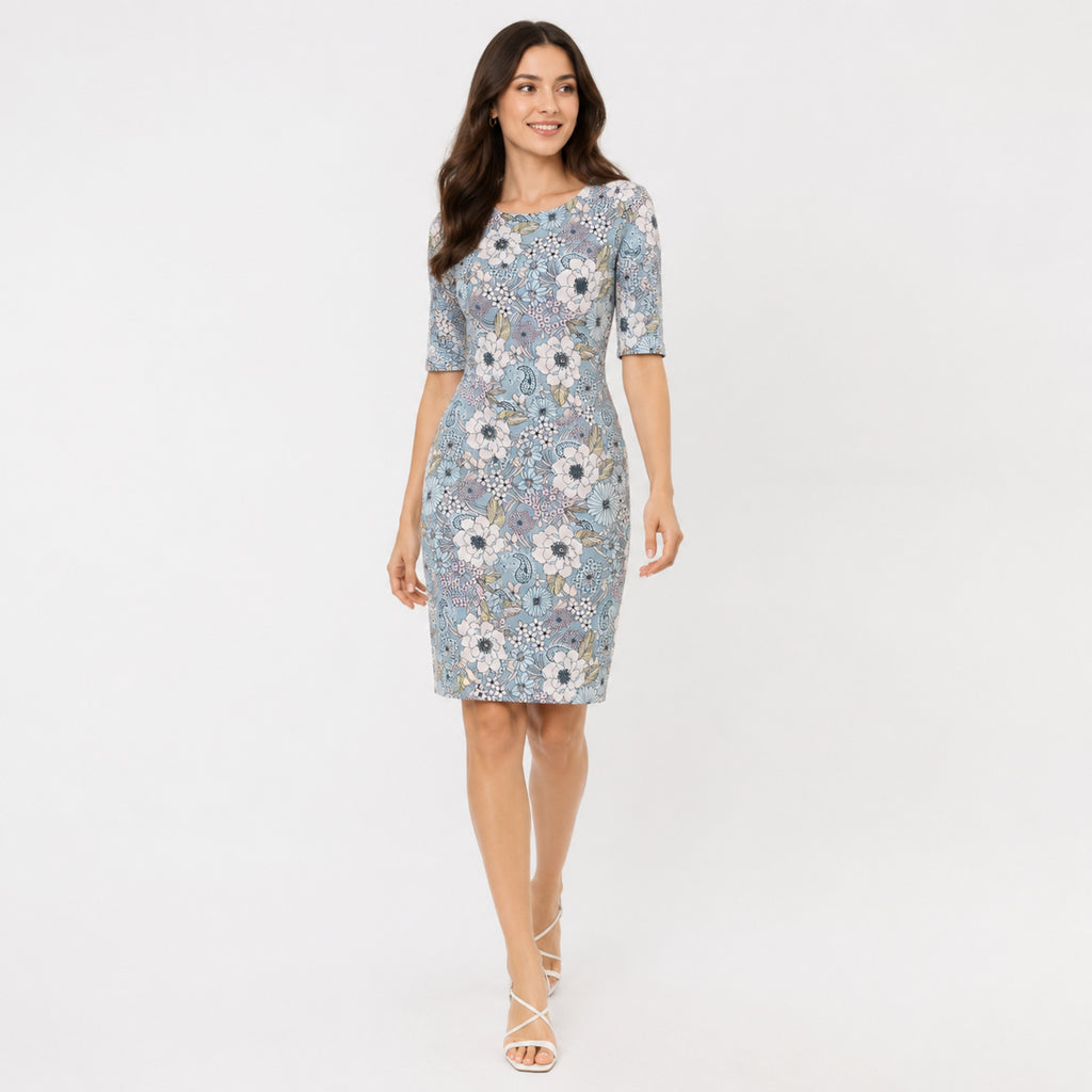 Women's Blue Floral Print Bodycon Knee-Length Dress | 3/4 Sleeve Casual Midi Dress-1