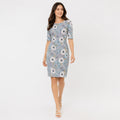 Women's Blue Floral Print Bodycon Knee-Length Dress | 3/4 Sleeve Casual Midi Dress-1