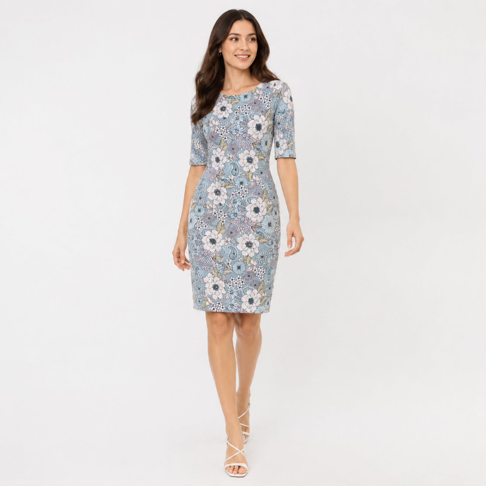 Women's Blue Floral Print Bodycon Knee-Length Dress | 3/4 Sleeve Casual Midi Dress-1