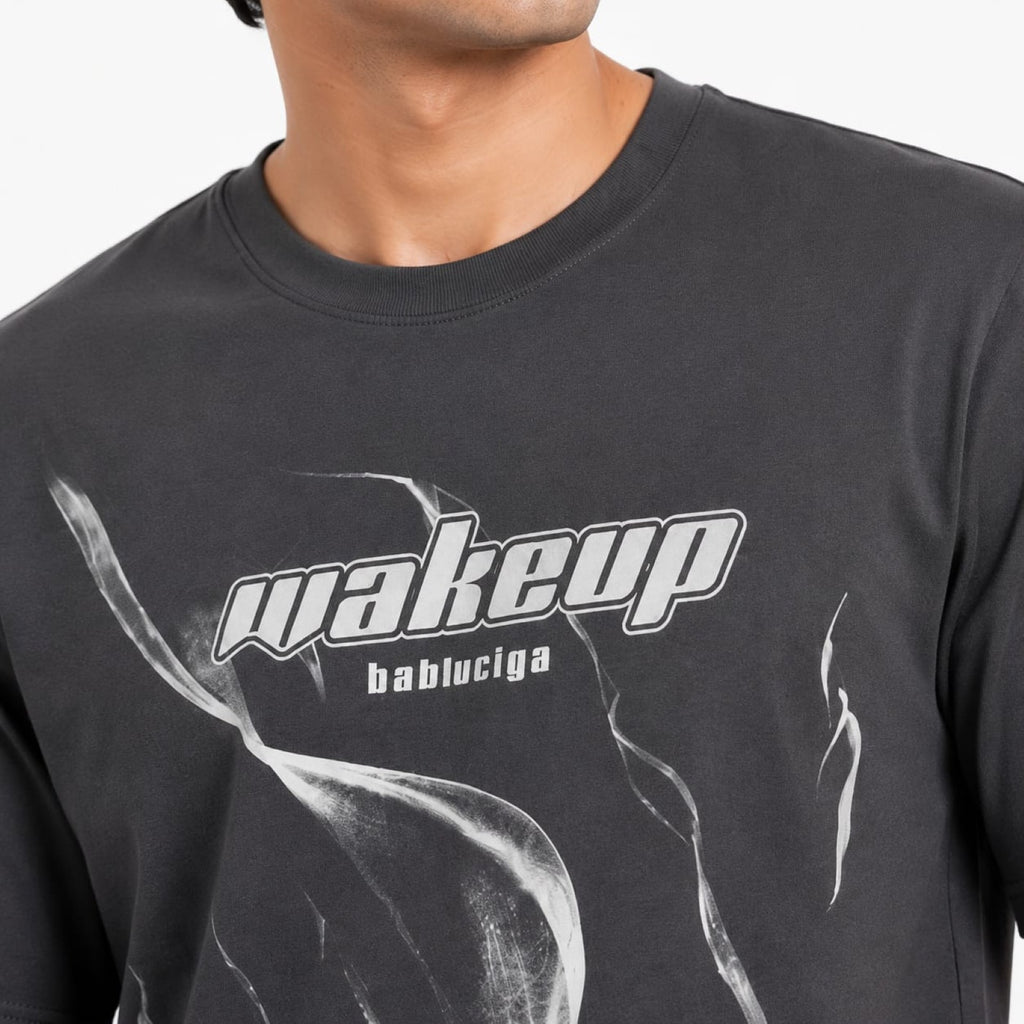 Men's Grey Abstract Wakeup Graphic Crew Neck T-Shirt-3