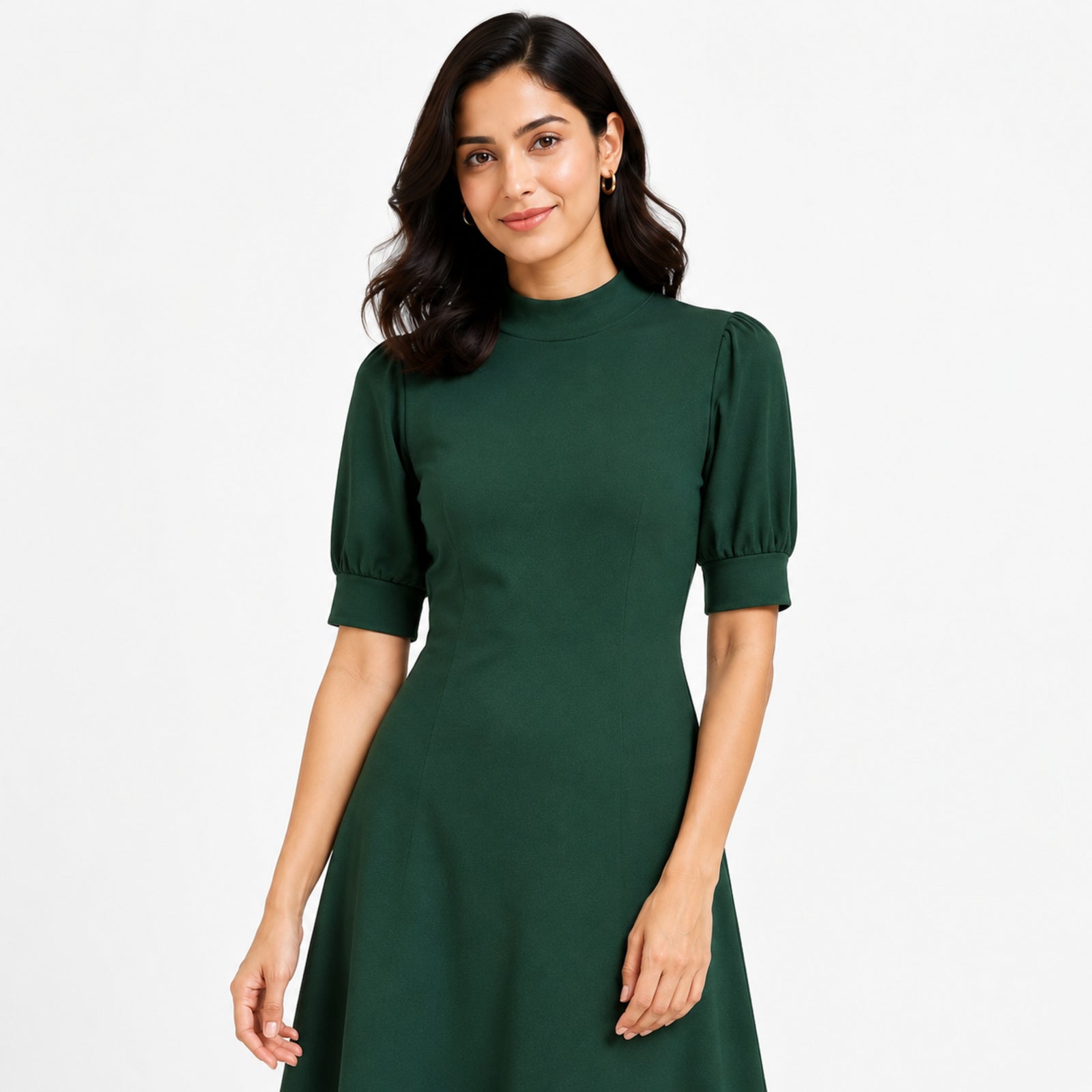 Women's Green Solid Mock Neck Fit & Flare Midi Dress with Puff Sleeves-3