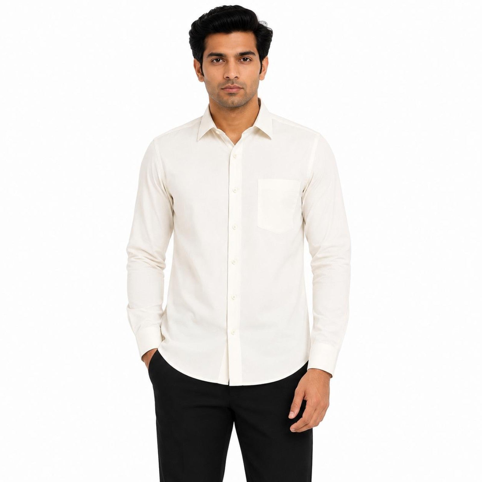 Men's Off White Solid Classic Full Sleeve Shirt with Pocket-1