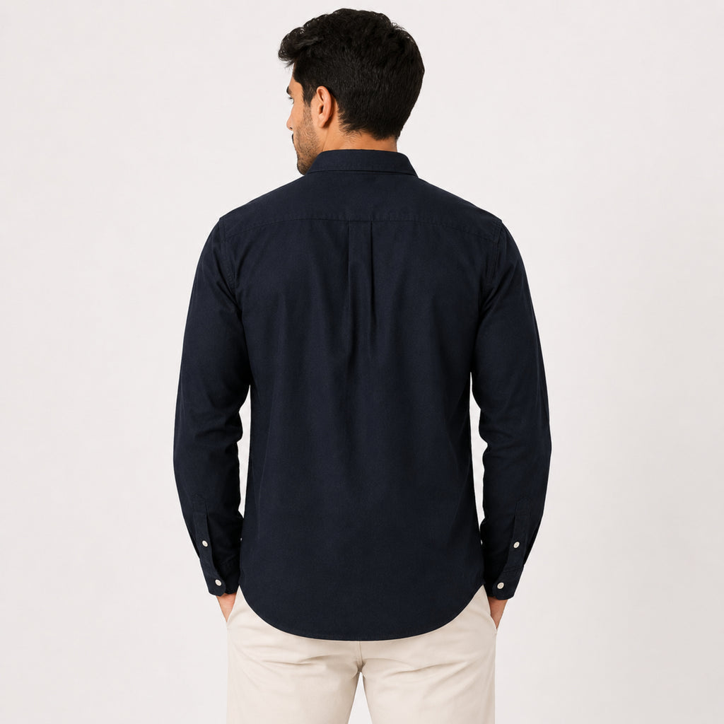 Men's Classic Navy Blue Button-Down Casual Solid Shirt-3