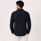 Men's Classic Navy Blue Button-Down Casual Solid Shirt-3