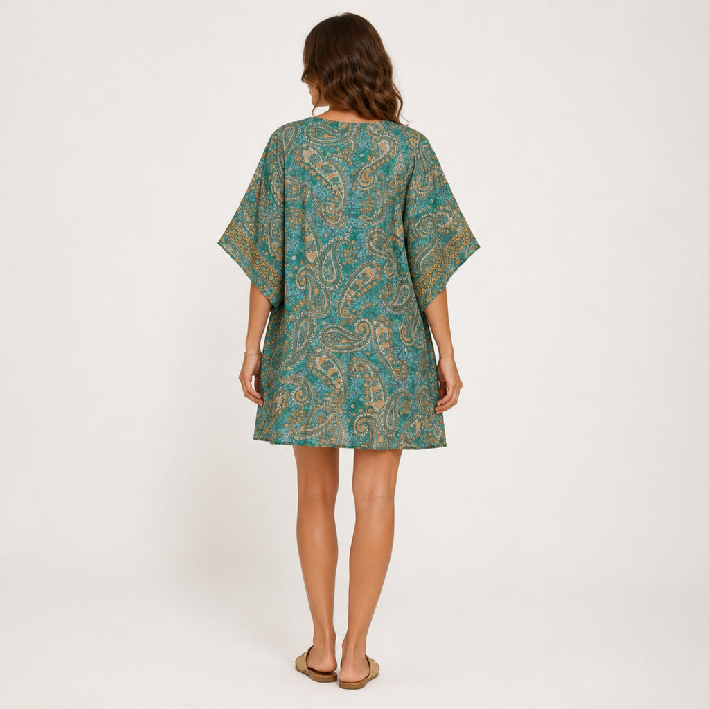 Women's Green Paisley Drawstring Kaftan Mini Dress | Boho Resort Wear Dress-4