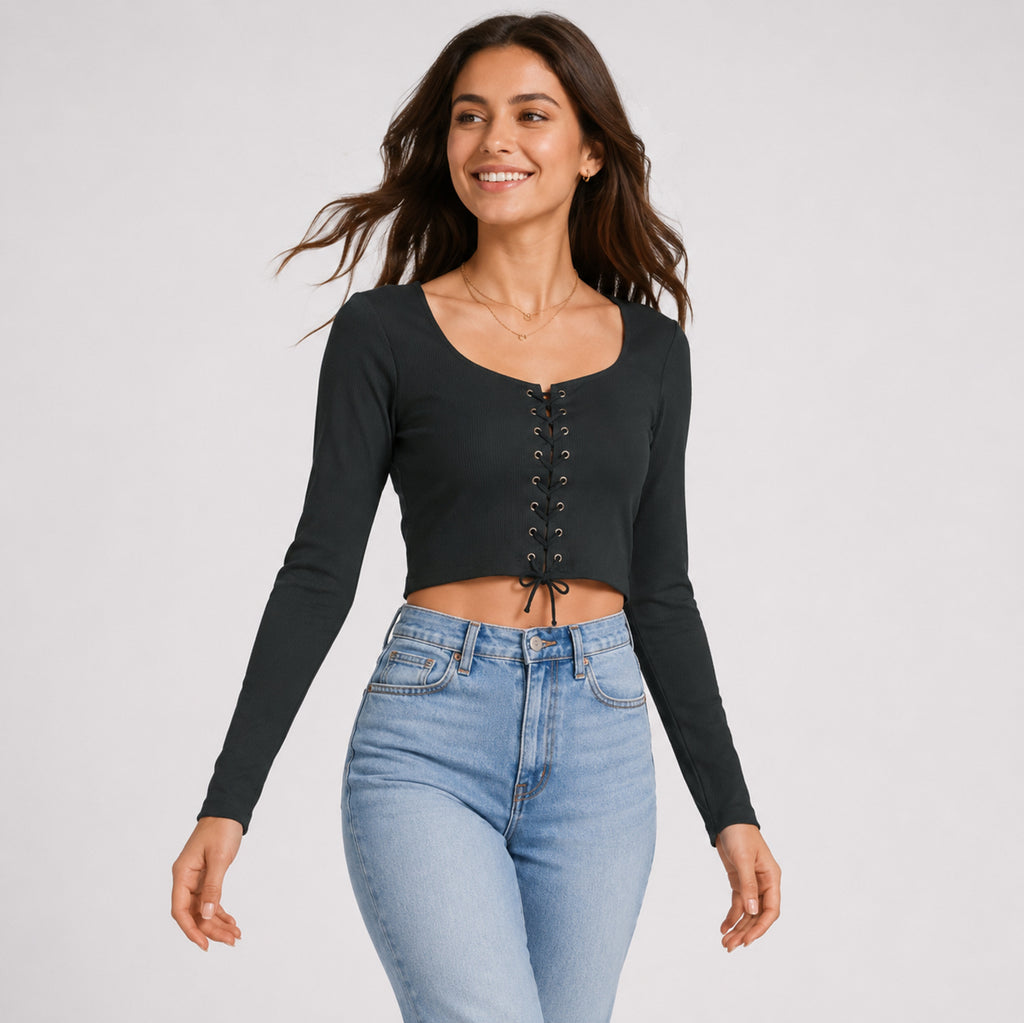 Women's Black Lace-Up Full Sleeve Crop Top-3