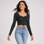 Women's Black Lace-Up Full Sleeve Crop Top-3