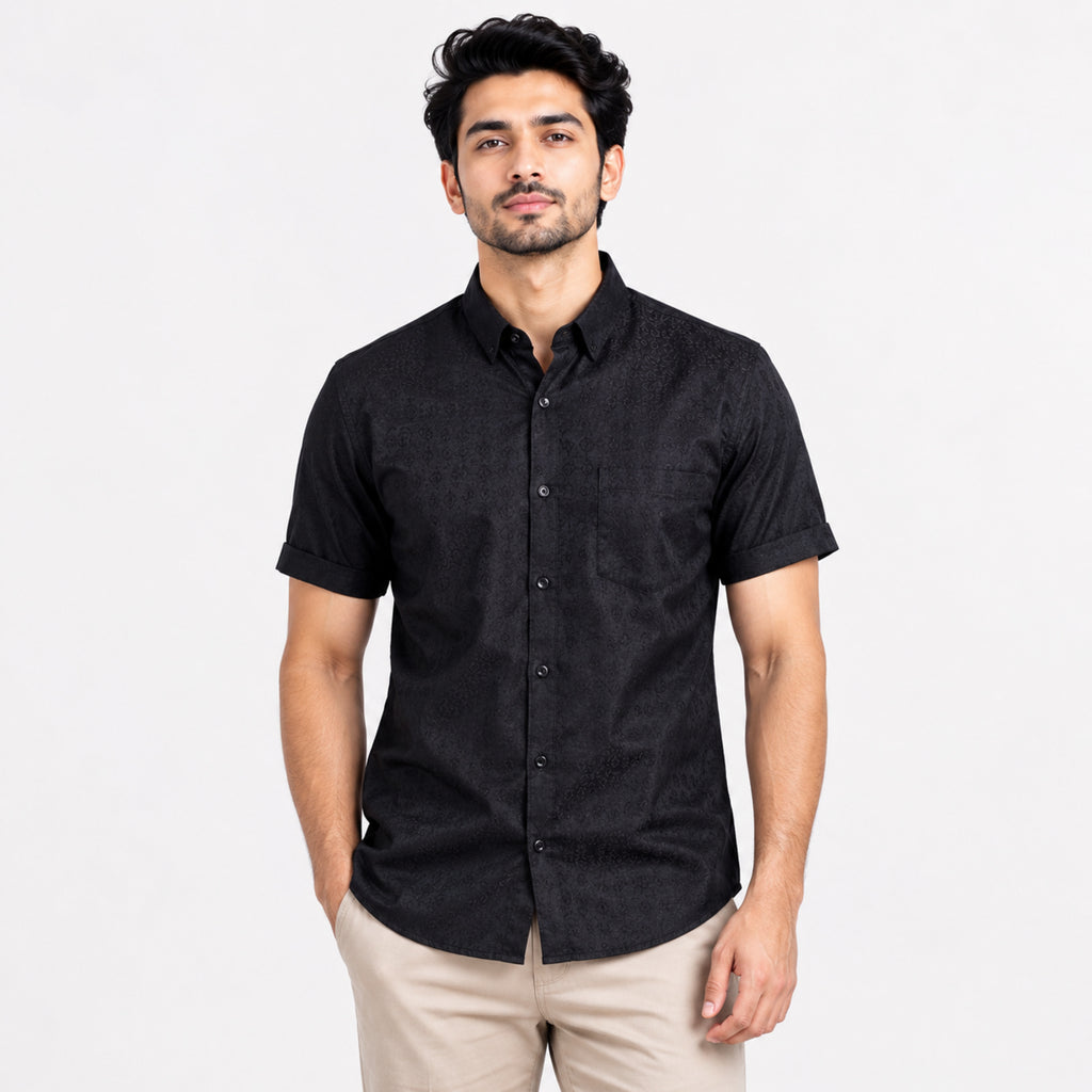 Men's Navy Blue Textured Half Sleeve Casual Shirt-1
