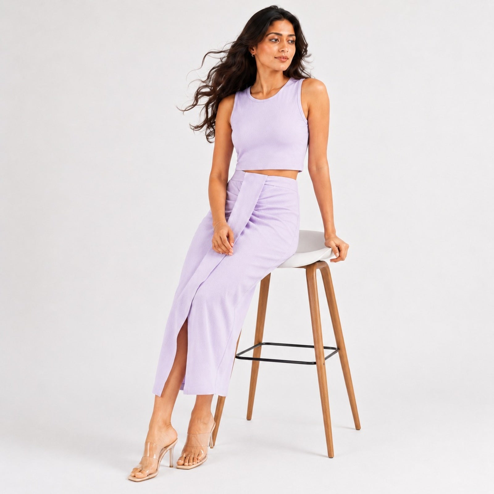 Women's Purple Solid Sleeveless Crop Top and Draped Maxi Skirt Co-Ord Set for Party Wear-1