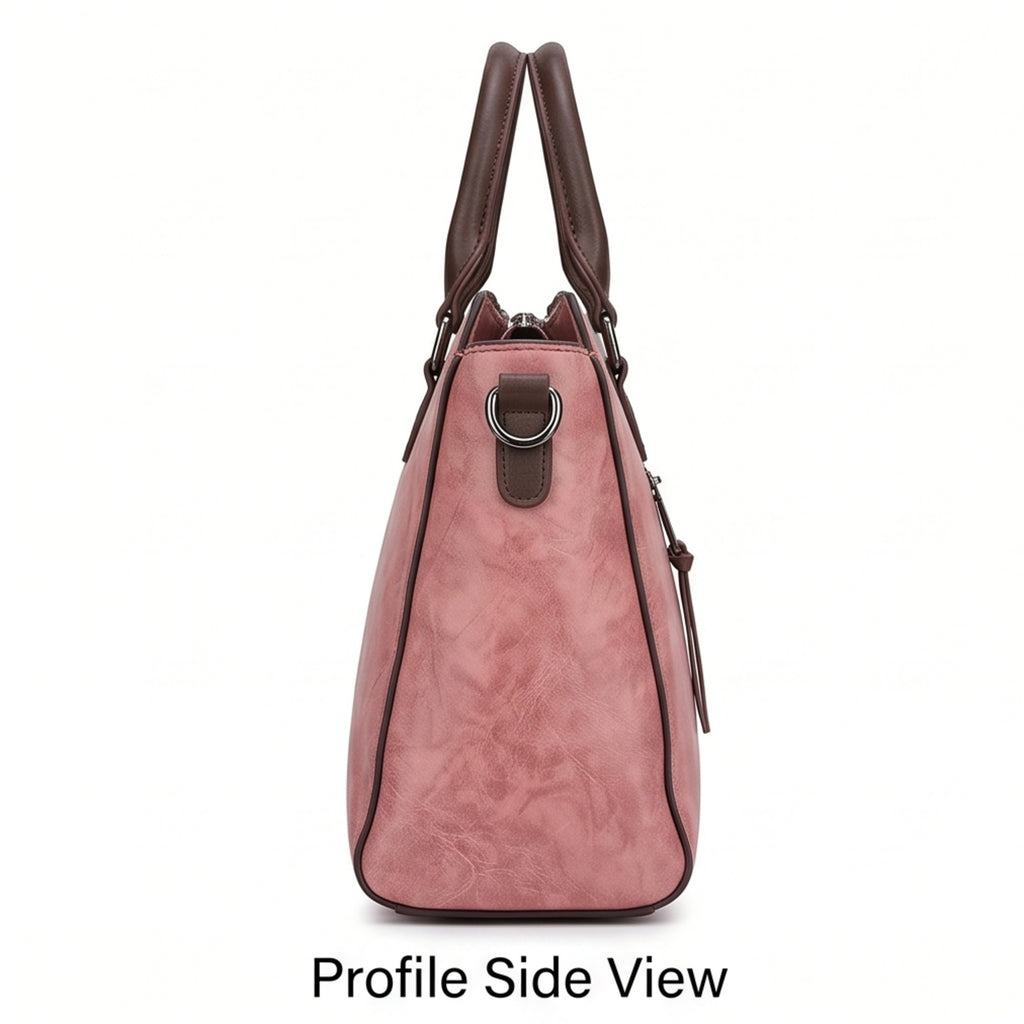 Women's Elegant Luxury Textured Pink Leather Satchel Handbag with Contrast Brown Handles-4