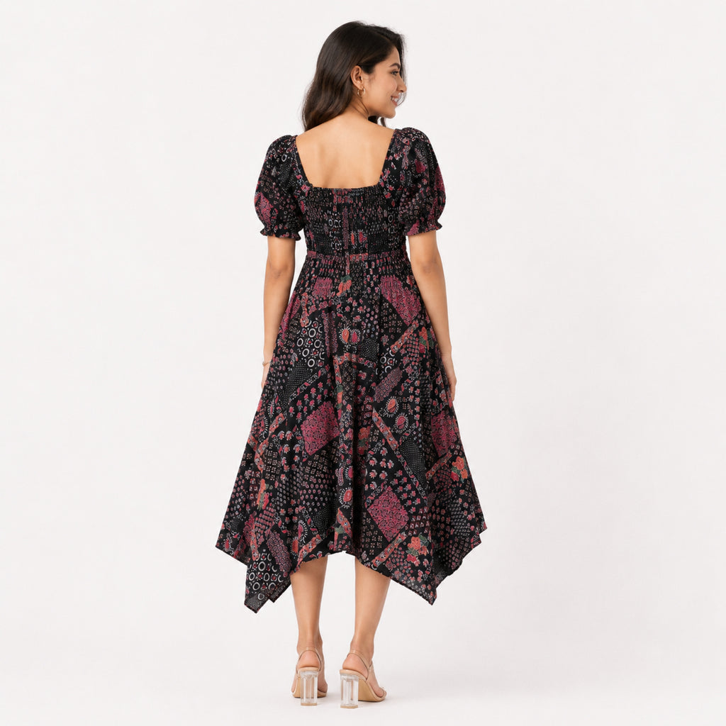 Women's Black Printed Smocked Midi Dress-3