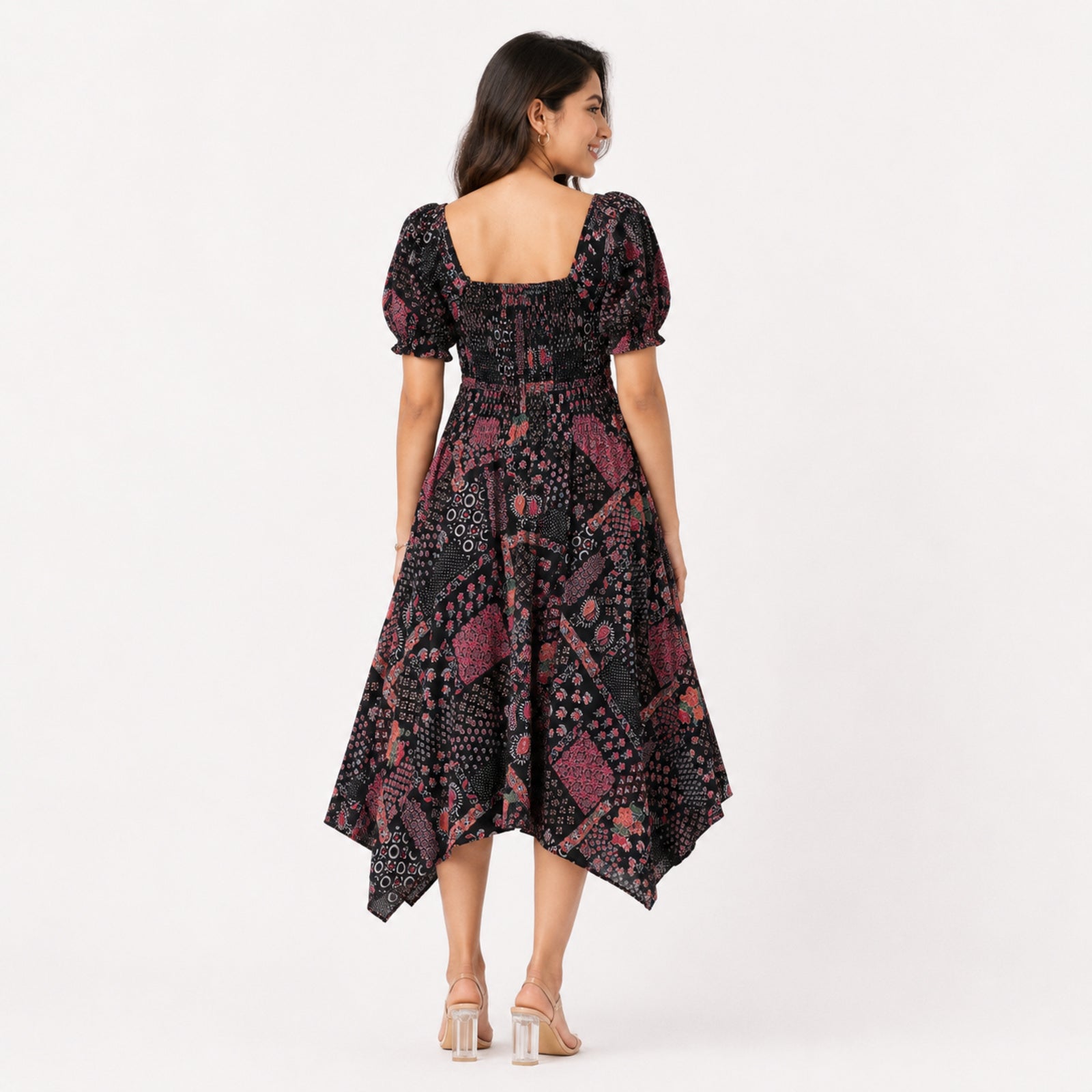 Women's Black Printed Smocked Midi Dress-3