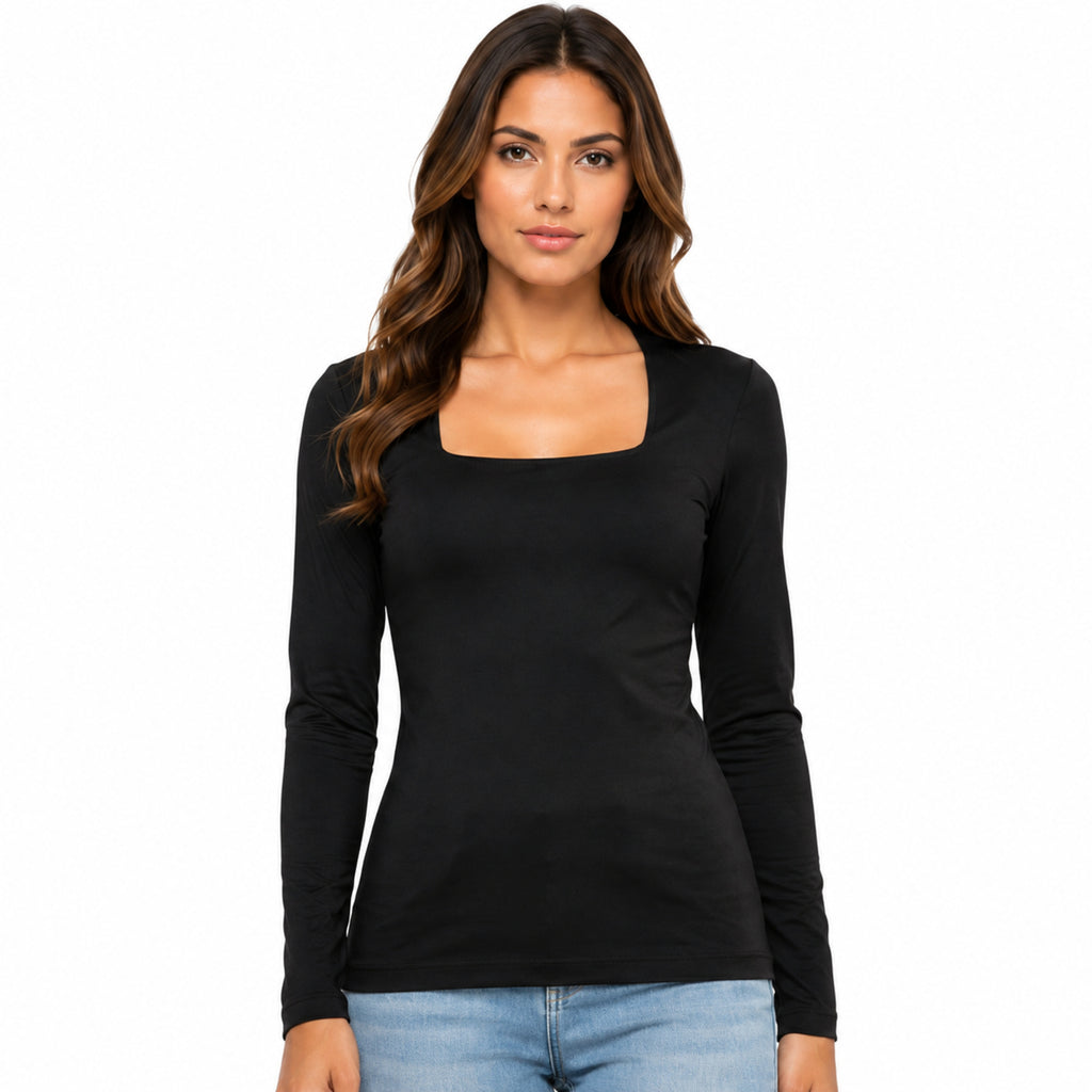 Women's Black Square Neck Full Sleeve Fitted Casual Top-2