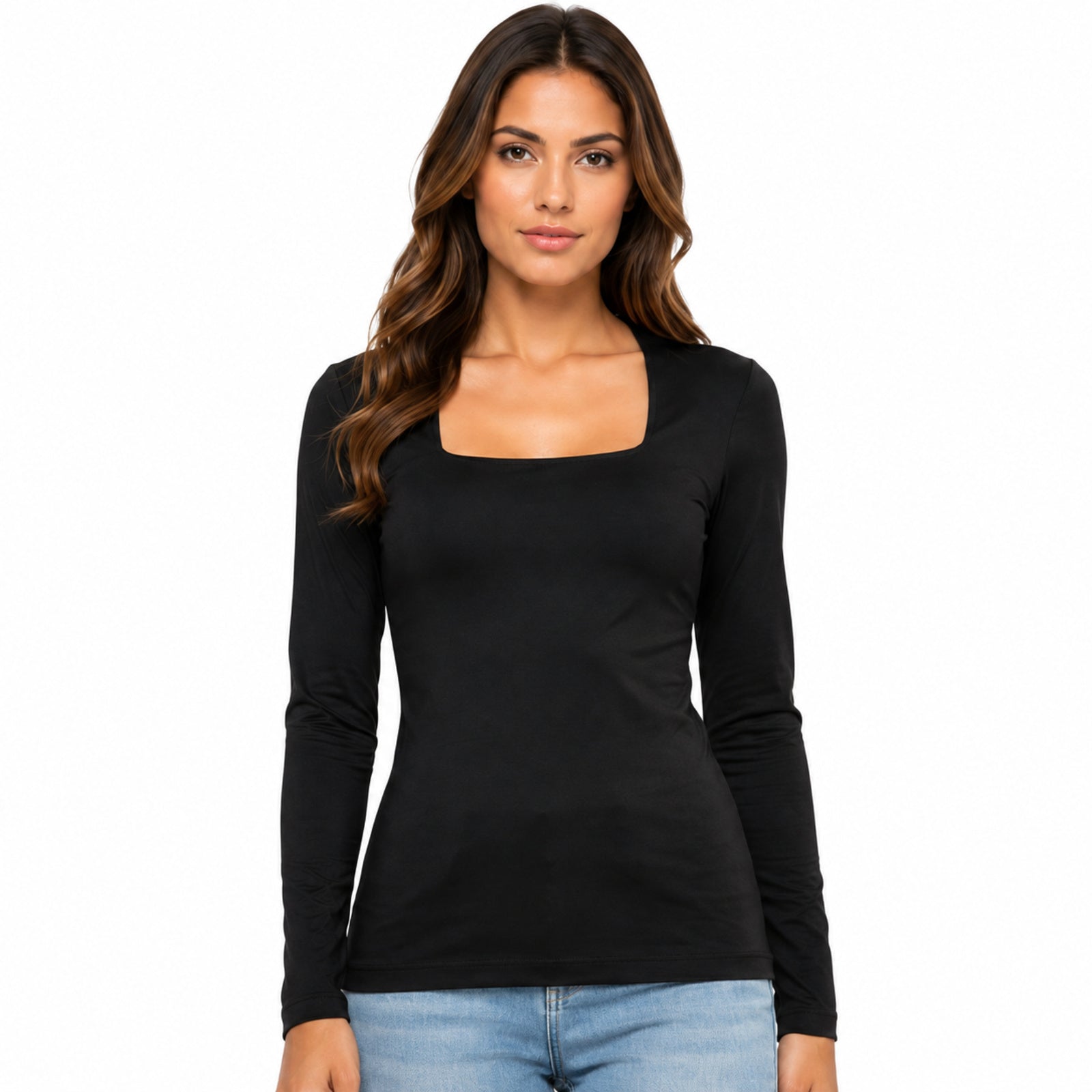 Women's Black Square Neck Full Sleeve Fitted Casual Top-2