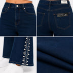 Women's Navy Blue Wide Leg Jeans with Side Pearl Detail | High-Rise Statement Denim-3