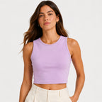 Women's Lavender Round Neck Sleeveless Fitted Crop Tank Top | Solid Everyday Basic-3