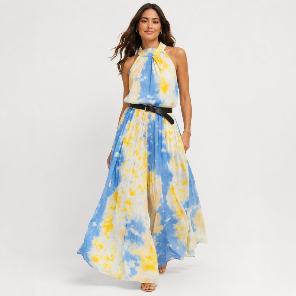 Women's Yellow Tie-Dye Halter Neck Flared Maxi Dress | Sleeveless Resort Wear Dress-1