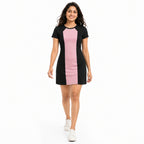 Women's Black & Pink Color Block Round Neck Bodycon Mini Dress with Short Sleeves-1