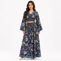 Women's Bohemian Chic Navy Blue Floral Flare-Sleeve Crop Top and Maxi Skirt Set-1