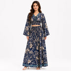 Women's Bohemian Chic Navy Blue Floral Flare-Sleeve Crop Top and Maxi Skirt Set-1