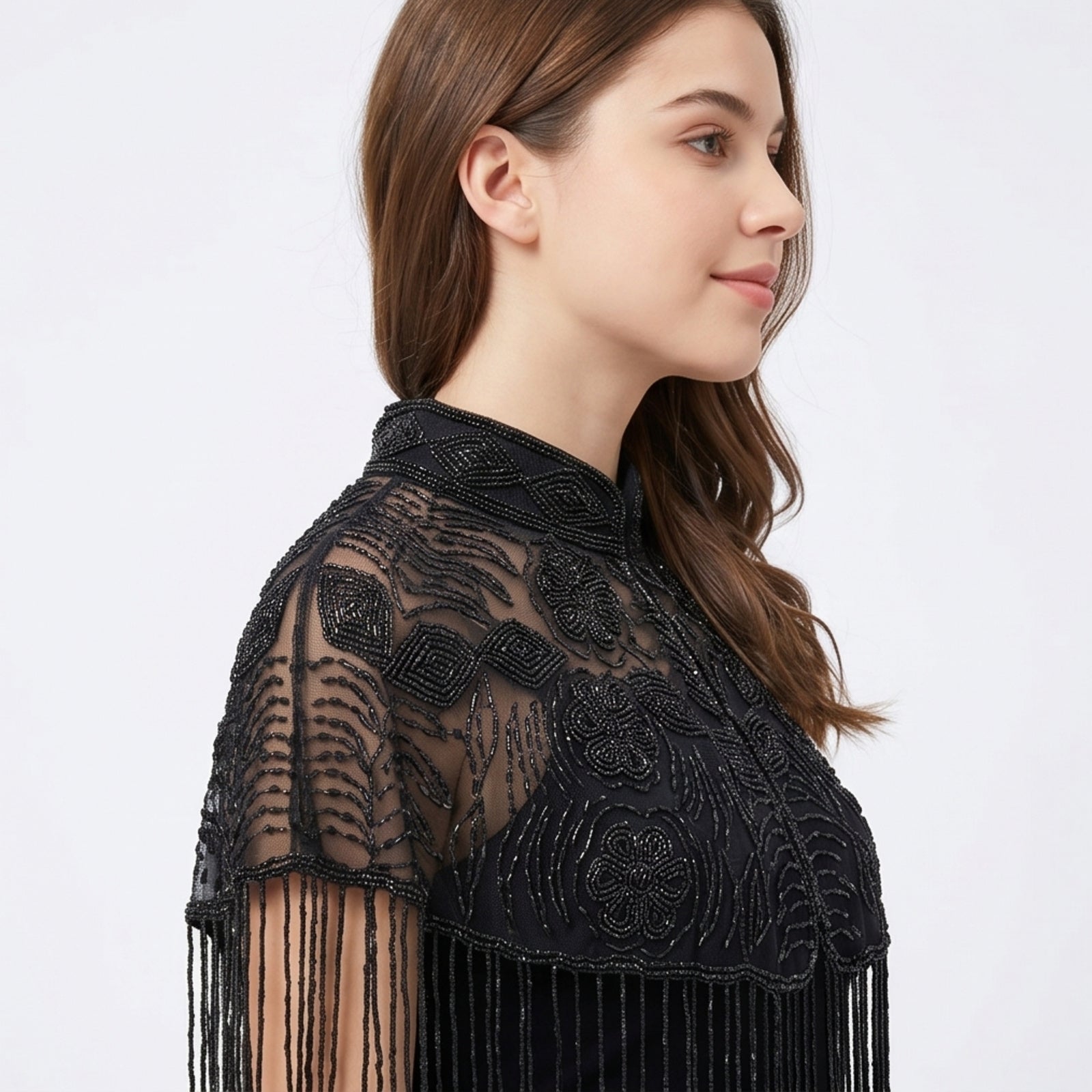 Women's Elegant Hand-Embroidered Mock Neck Black Poncho Cape with Metallic Fringe Tassel-3