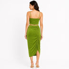 Women's Green Velvet Crop Top & Ruched Midi Skirt Co-Ord Set-4
