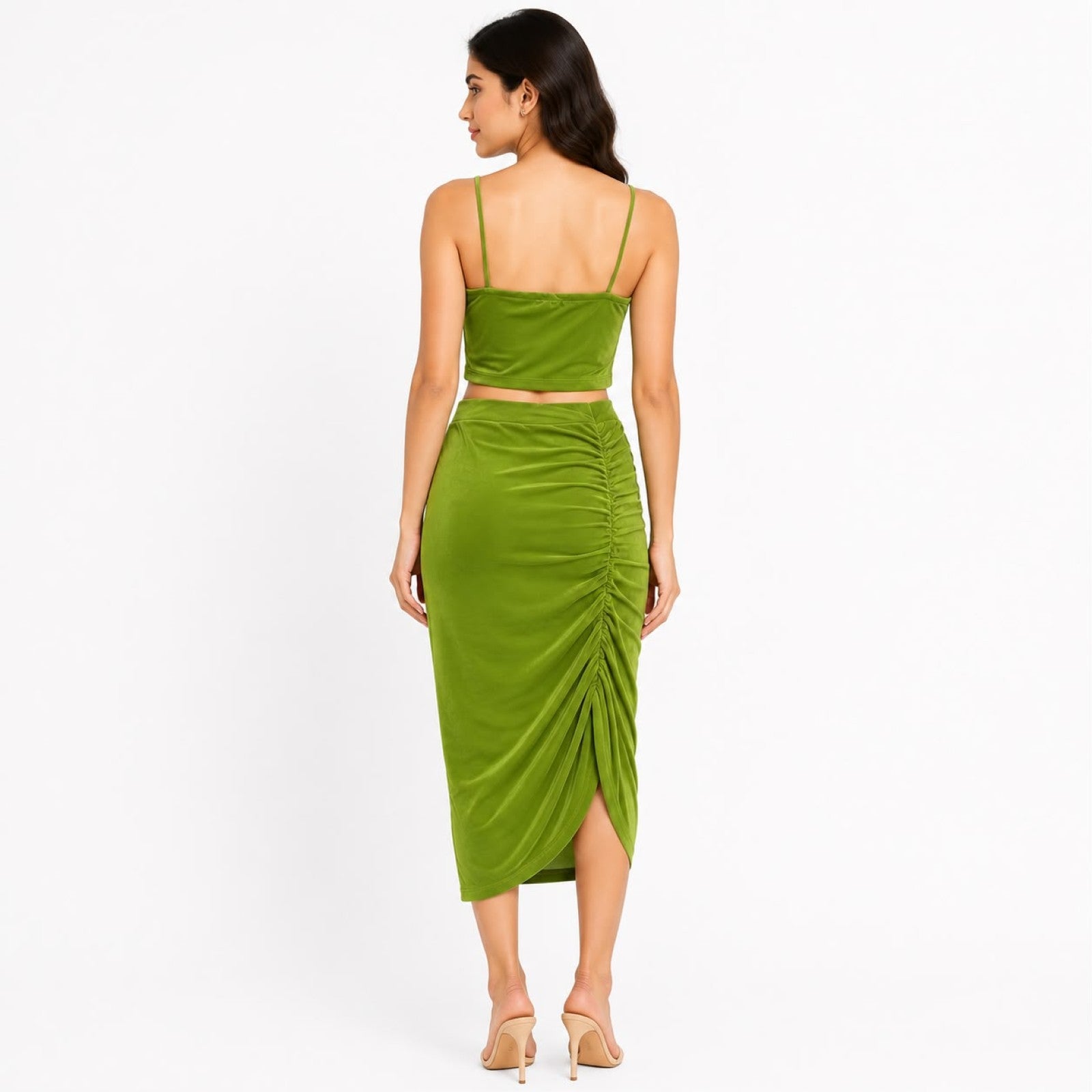 Women's Green Velvet Crop Top & Ruched Midi Skirt Co-Ord Set-4