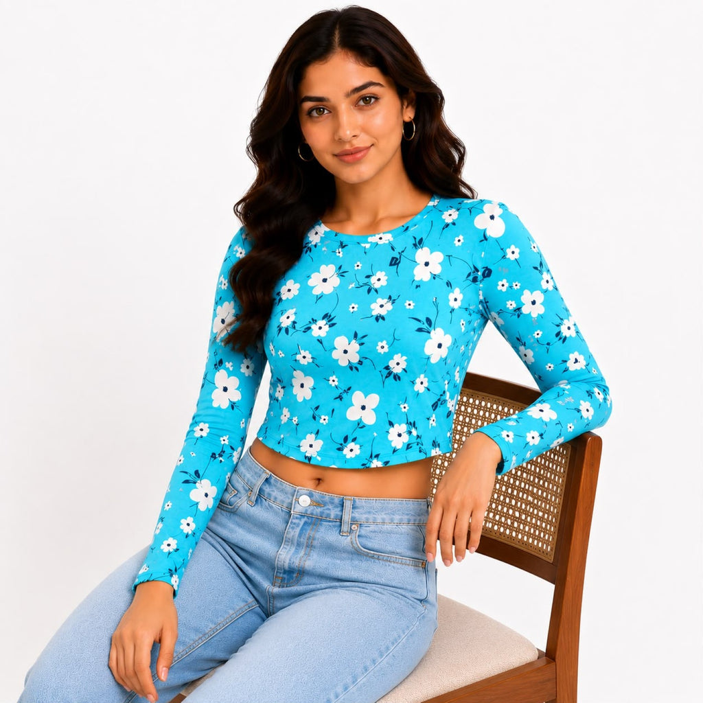 Women's Blue Floral Long Sleeve Crop Top-3