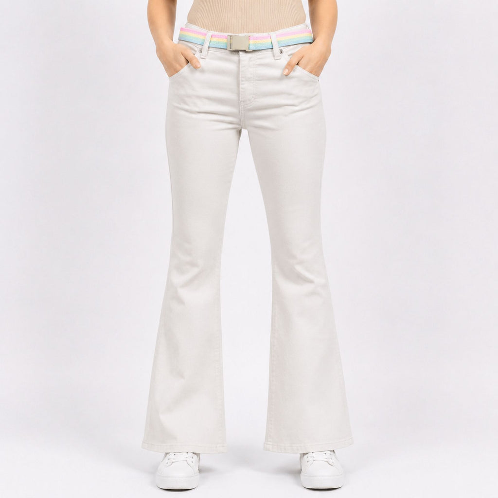 Women's Sleek Comfort-Fit Cream Bootcut Trousers with Rainbow Pastel Belt-1