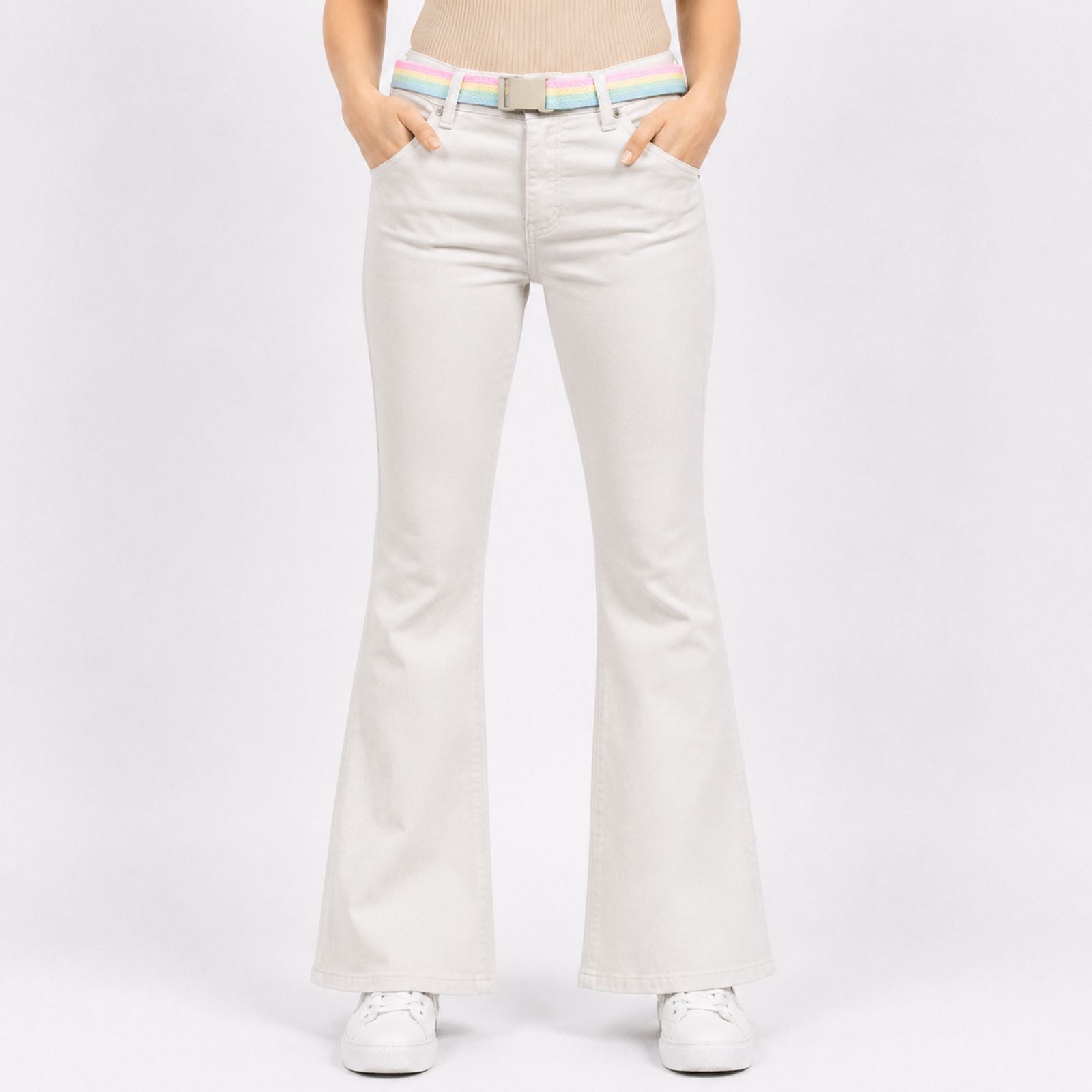 Women's Sleek Comfort-Fit Cream Bootcut Trousers with Rainbow Pastel Belt-1