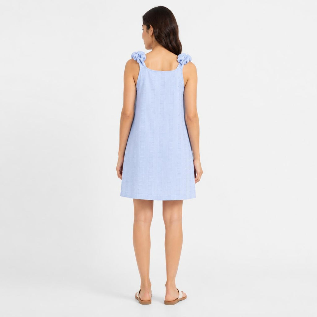 Women's Sky Blue Textured Sleeveless Shift Mini Dress with Bow Shoulder Straps-4