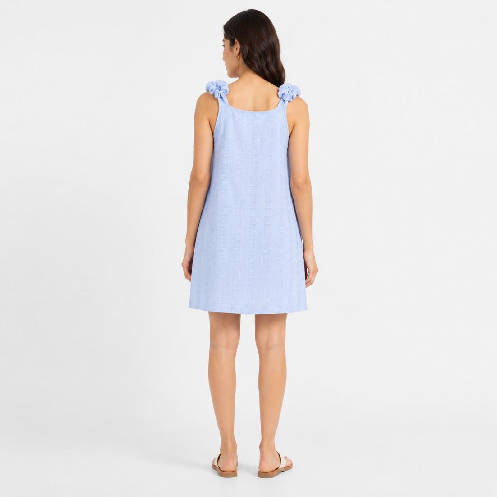 Women's Sky Blue Textured Sleeveless Shift Mini Dress with Bow Shoulder Straps-4